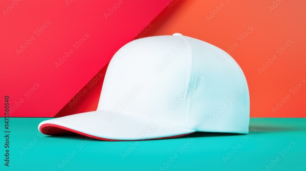 Fototapeta premium A white baseball cap with a red brim is sitting still