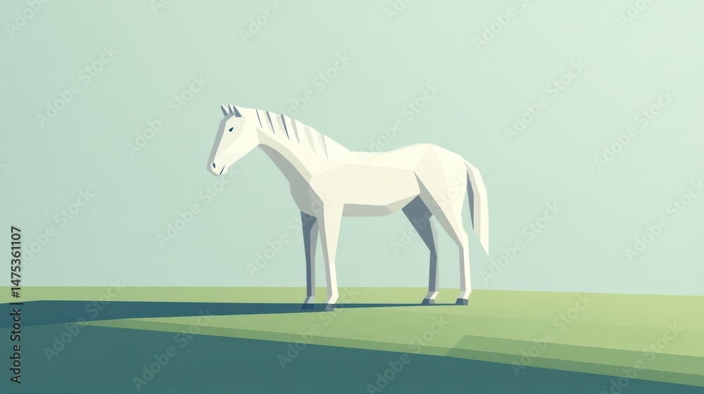 Obraz premium Low-poly white horse on a grassy plain