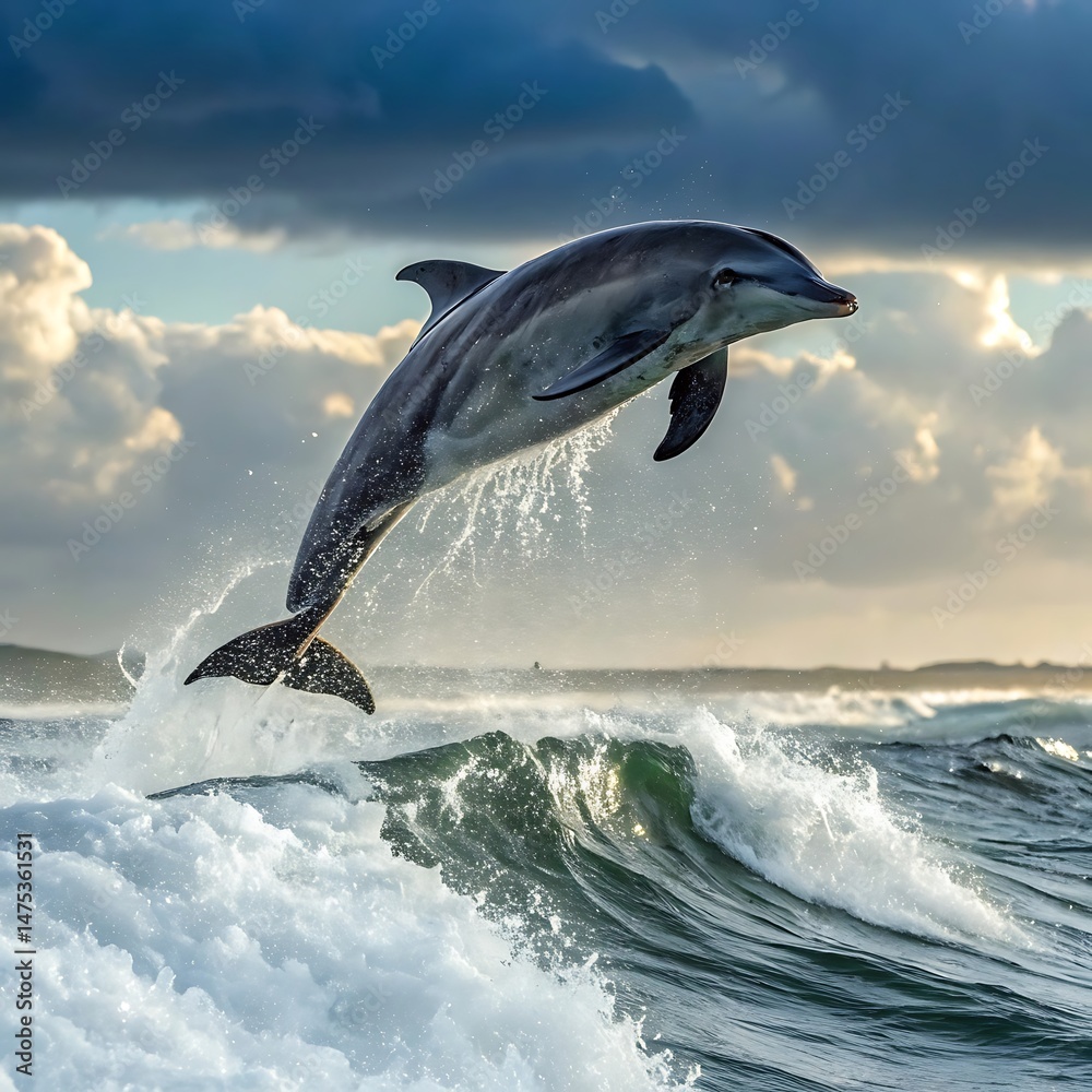 Fototapeta premium Stunning Dolphin Leaping Ocean Wave: Breathtaking Wildlife Photo