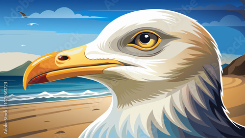  portrait close up Seagull Portrait with Beach Backdrop, detailed view of seagull's beak and eye, soft beach scene, ample space for text, serene coastal ambiance Very beautiful