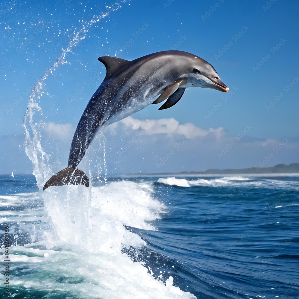 Fototapeta premium Dolphin Jumping Ocean Wave: Stunning Wildlife Photo