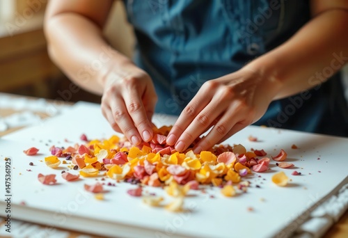 Crafting colorful floral confetti with hands on a wooden table in a bright workspace