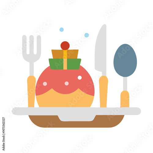 Festive holiday cake with cutlery on elegant silver platter