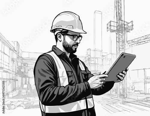 Line Drawing of a Construction Worker Utilizing Augmented Reality for On-Site Planning and Building Design, Highlighting Industrial Applications.