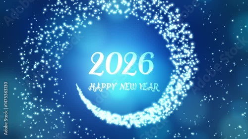 And on a blue background with bokeh, the letters of 2026 Happy New Year appear, particles fly around in a circle. Greeting animation for the New Year holiday.