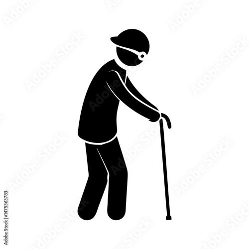 Elderly Man Walking with Cane Stick Figure Icon in Silhouette Vector