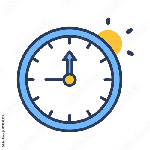 Clock showing midday with sun icon, cartoon vector style
