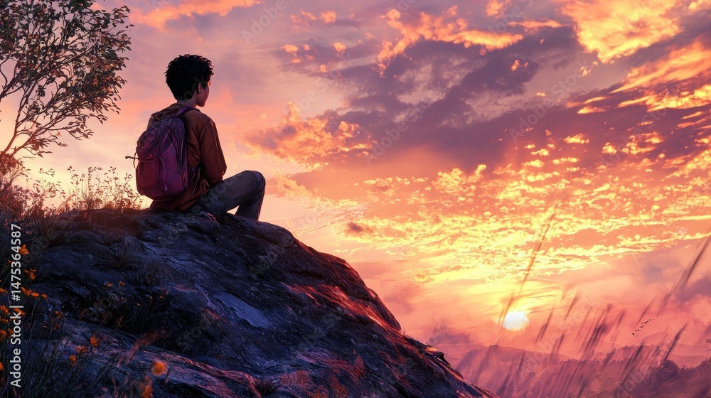 Obraz premium Sunset Serenity: A Youthful Contemplation on Mountaintop