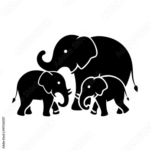 A majestic matriarch and her two calves, a solid black silhouette