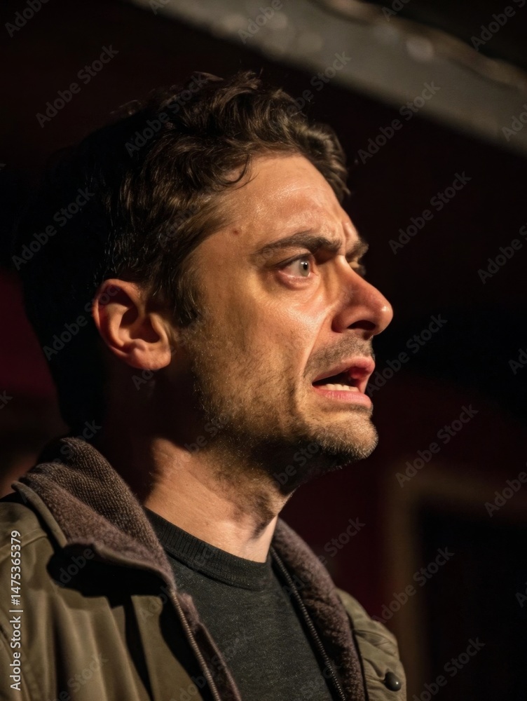 Fototapeta premium Intense speech by a man with furrowed brows and dramatic eyes in a dimly lit background captured closeup