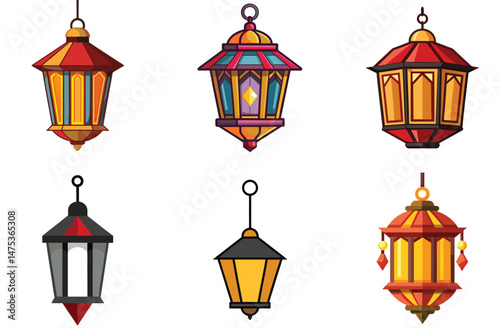 A colorful old street lantern, a heart-shaped metal light decoration, hangs on a white wall, an antique vector illustration with a retro style