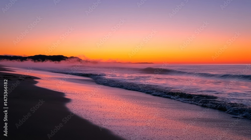 Obraz premium Beautiful sunrise over calm ocean water with hazy atmosphere