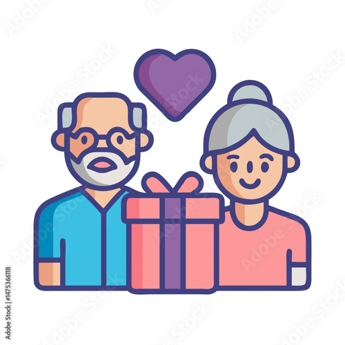 Elderly couple sharing a gift with a love heart