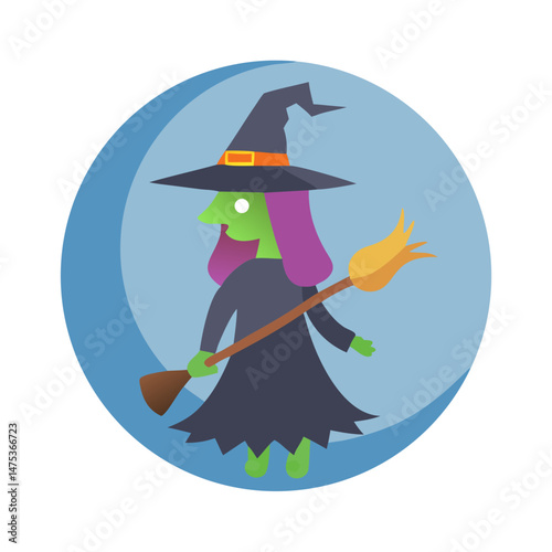 Cartoon witch character with broomstick on blue background