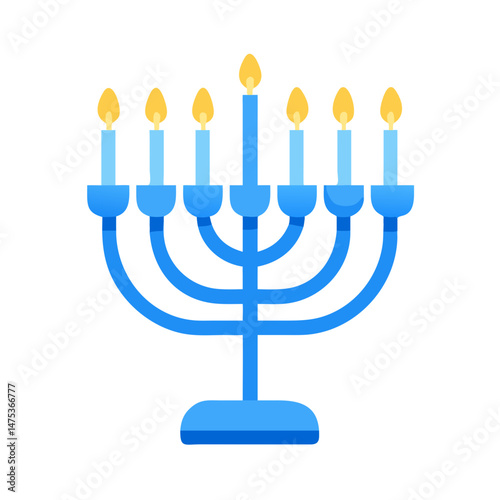 Blue Hanukkah menorah with seven lit candles illustration