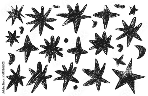 Set of chalk doodle stars. Grunge black stars with crayon texture. Hand drawing shape in kid sketch style on black background.	