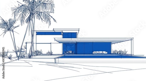 Architectural sketch of a modern house with palm trees and pool