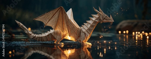 Glowing Origami Dragon Unfolding Into Light Over Calm Water