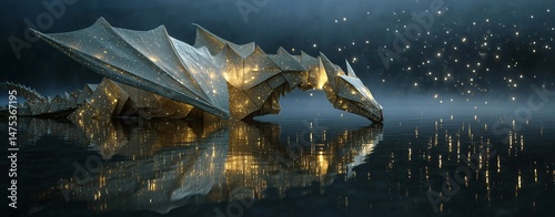 Glowing Origami Dragon Unfolding Into Light Over Water Surface