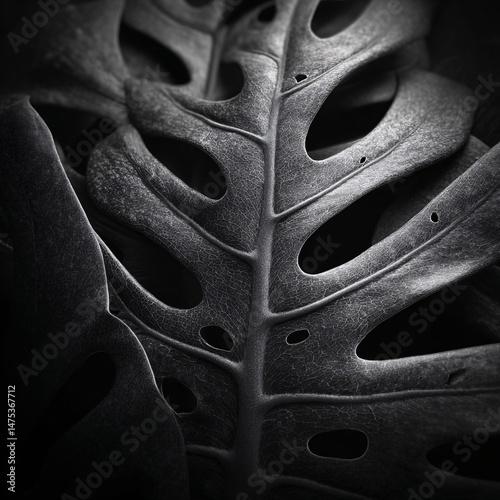 Textured Black and White Closeup of Tropical Leaf Patterns