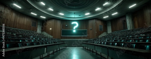 Empty Lecture Hall with Floating Neon Question Mark Above Seating Area