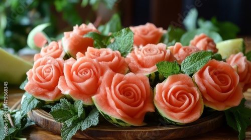 Watermelon Roses Garnish on Wooden Board