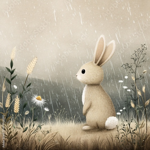 Dreamy Portrait of a Serene Bunny Sitting in Gentle Rain