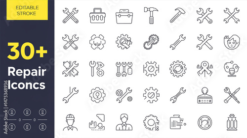 A set of 30 repair and maintenance icons arranged in a grid format on a white background