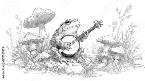 A whimsical frog playing a banjo in a mushroom glade.