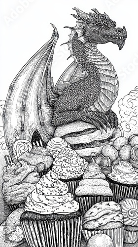 Wallpaper Mural Detailed ink drawing of a dragon atop a mountain of delectable pastries. Torontodigital.ca