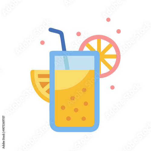 Fresh orange juice with fruit slices flat illustration