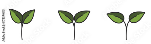 Sprouts with two leaves in green colors. Spring, planting and nature design elements. Isolated vector illustrations