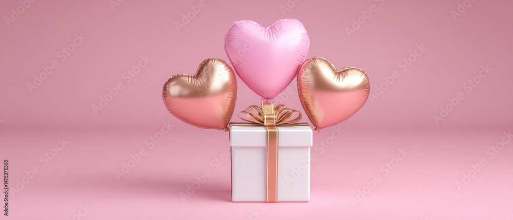 Fototapeta premium Elegantly arranged heart balloons above a gift box on soft pink background