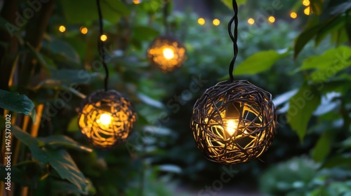 Warm Glowing Sphere Lights Hanging in Lush Green Garden at Night