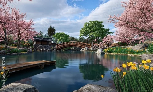 Serene lake reflects pink blossoms small wooden bridge peaceful scene beautiful nature