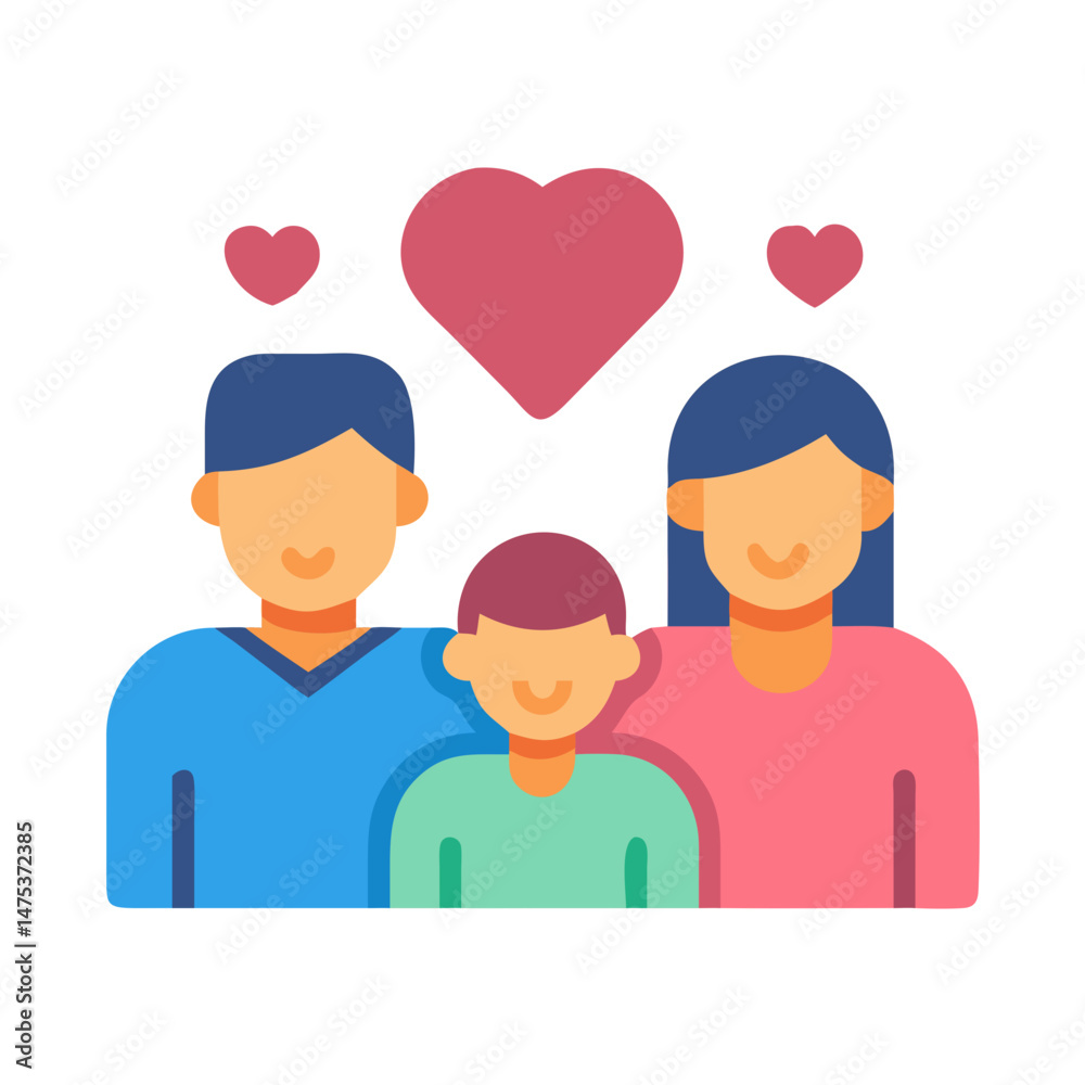 Fototapeta premium Stylized flat illustration of happy family with hearts above
