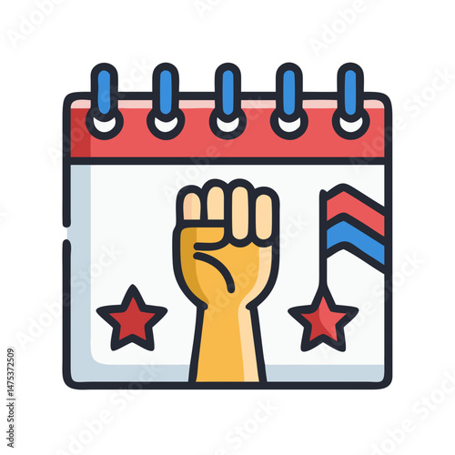 Labor day calendar icon with fist and flag decorations