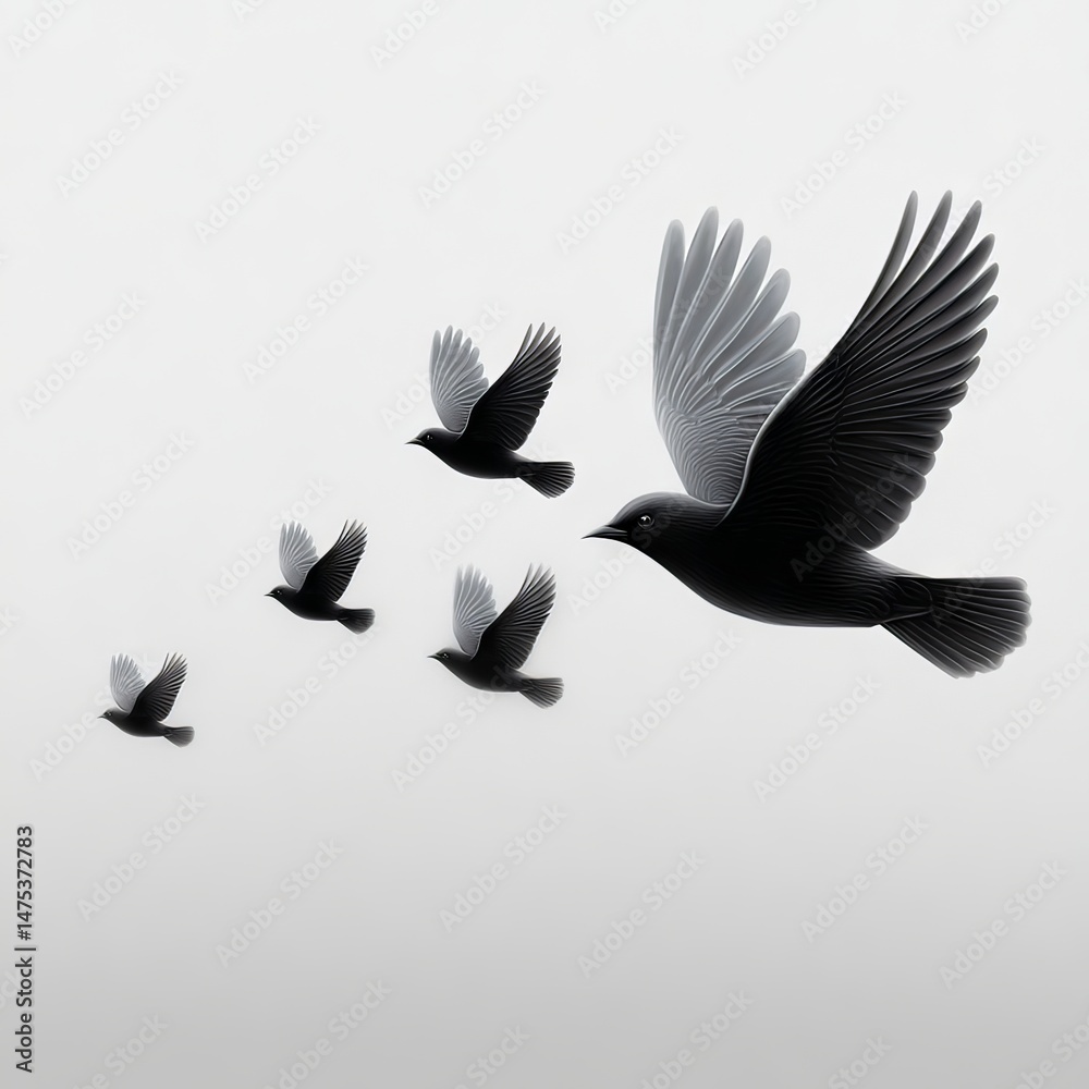 Fototapeta premium Flock of birds soaring through a misty sky at dawn during early morning hours