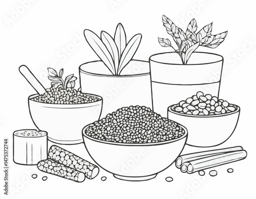 Black and White Line Art Collection of Plant-Based Protein Sources, Including Tofu, Lentils, and Tempeh for Vegan Cookbooks.