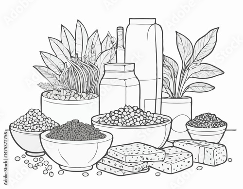 Black and White Line Art Collection of Plant-Based Protein Sources, Including Tofu, Lentils, and Tempeh for Vegan Cookbooks.