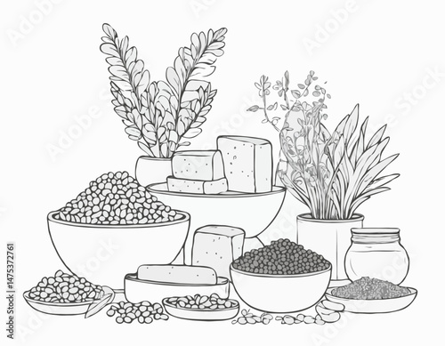 Black and White Line Art Collection of Plant-Based Protein Sources, Including Tofu, Lentils, and Tempeh for Vegan Cookbooks.