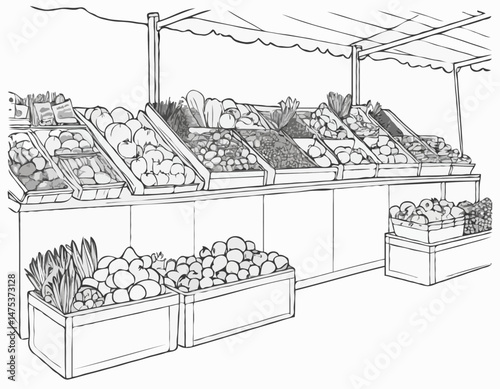 Detailed Line Illustration of a Farmer's Market Stall Overflowing with Fresh Produce for Local Food Movement Campaigns.