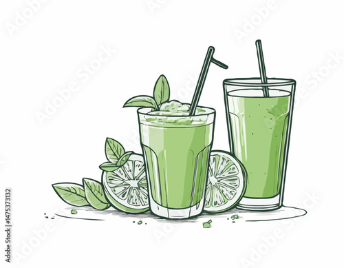 Stylized Line Art of a Green Smoothie with Straw for Juice Bar Menus and Detox Program Advertising.