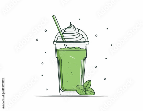 Stylized Line Art of a Green Smoothie with Straw for Juice Bar Menus and Detox Program Advertising.
