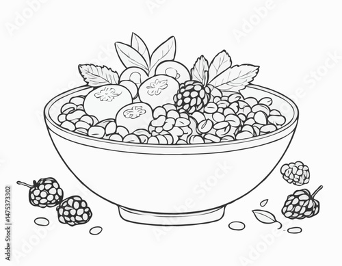 Simple Line Drawing of a Breakfast Bowl with Berries and Granola for Healthy Recipe Cards and Food Blog Illustrations.