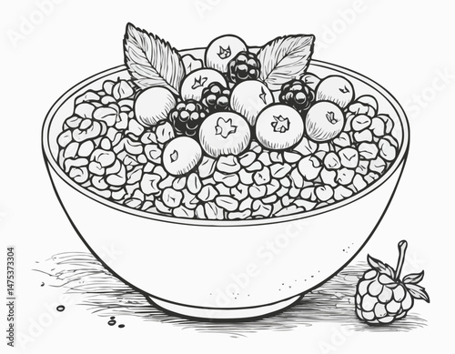 Simple Line Drawing of a Breakfast Bowl with Berries and Granola for Healthy Recipe Cards and Food Blog Illustrations.