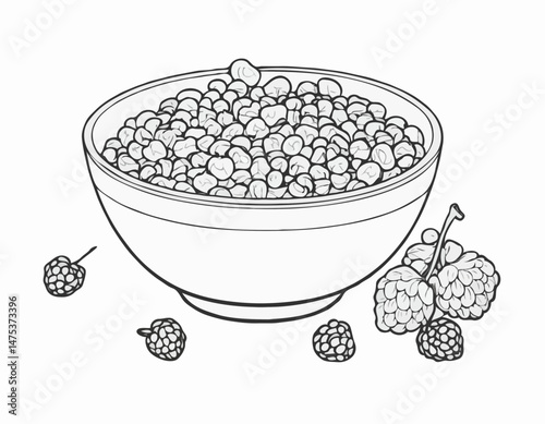 Simple Line Drawing of a Breakfast Bowl with Berries and Granola for Healthy Recipe Cards and Food Blog Illustrations.