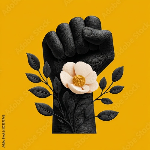 Artistic representation of a raised fist with a flower and leaves on a vibrant yellow background