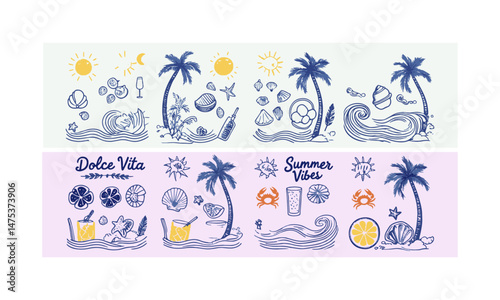 Modern vector-style summer-themed illustrations on a white background, easily scalable and editable.