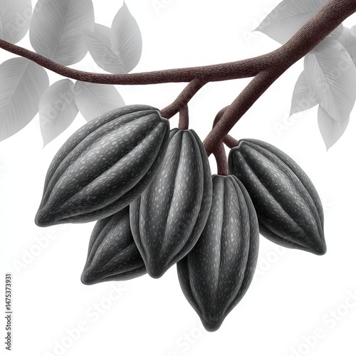 Cacao pods hanging on a branch in a tropical setting during daylight hours